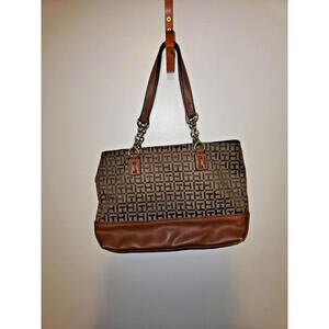 Tommy Hilfiger Women's Brown Blue Tote Bag with Gold Logo